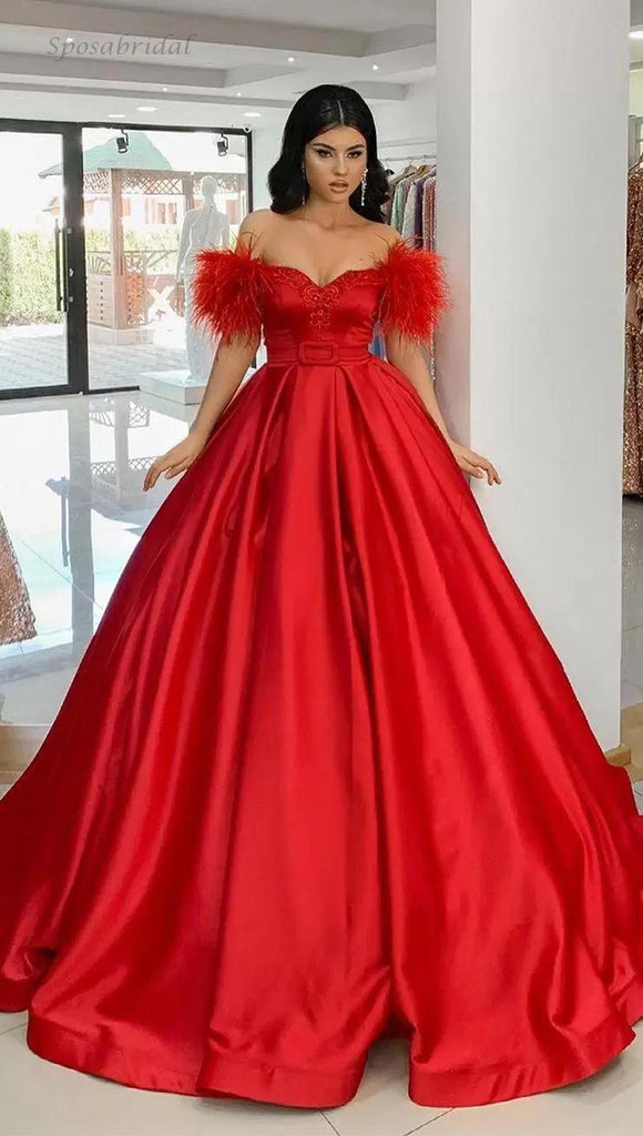Red Elegant Formal Off-shoulder Feather Top A-line Long Prom Dress, PD3325