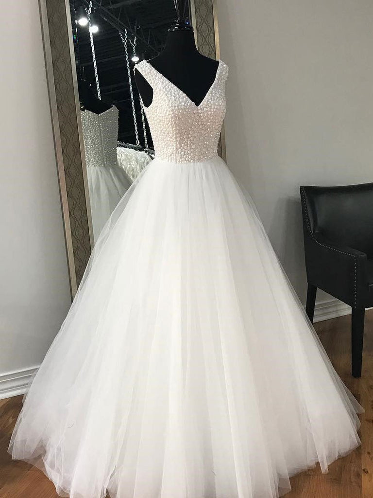 V Neck White Rhinestone Cheap A-line Custom Wedding Dresses Online, WD348