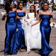 Off Shoulder Royal Blue Satin Long Mermaid Bridesmaid Dresses , BN1090 –  MarryLover