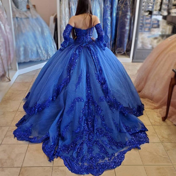 Royal Blue Sweetheart Luxury Strapless Sparkly A-line Prom Dress, Ball – SposaBridal