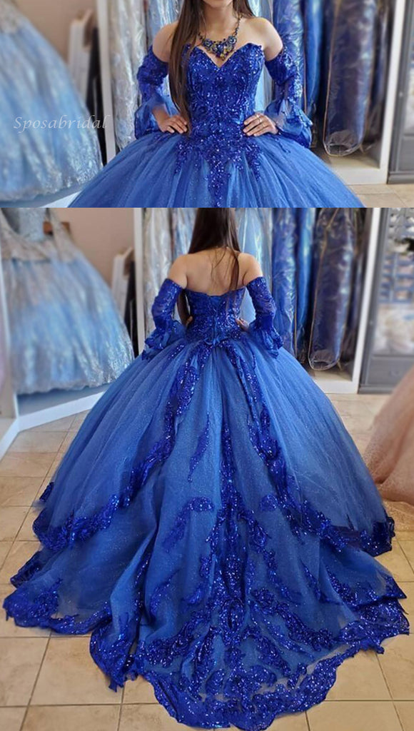 Royal Blue Sweetheart Luxury Strapless Sparkly A-line Prom Dress, Ball Gown, PD3326