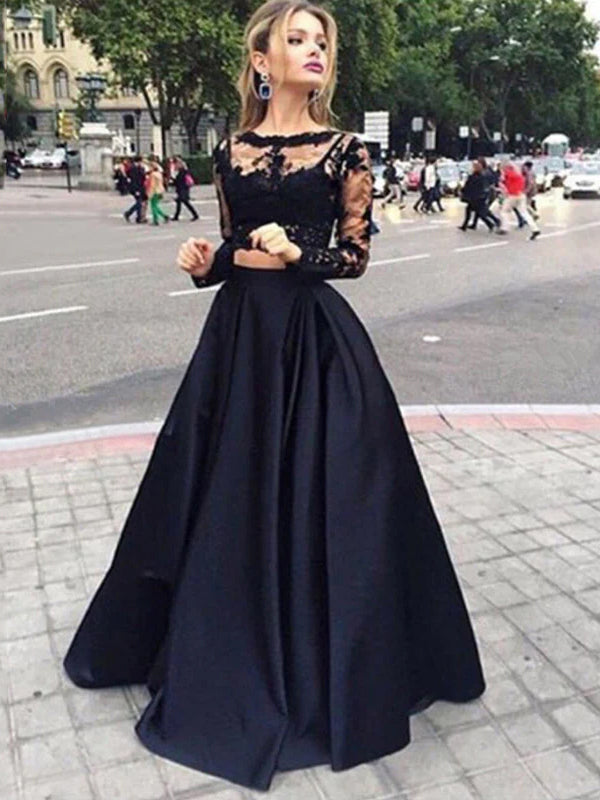 Black Illusion Lace Long Sleeve Elegant Two-piece A-line Prom Dresses, SposaBridal Black Illusion Lace Long Sleeve Elegant Two-piece A-line Prom Dresses, SposaBridal