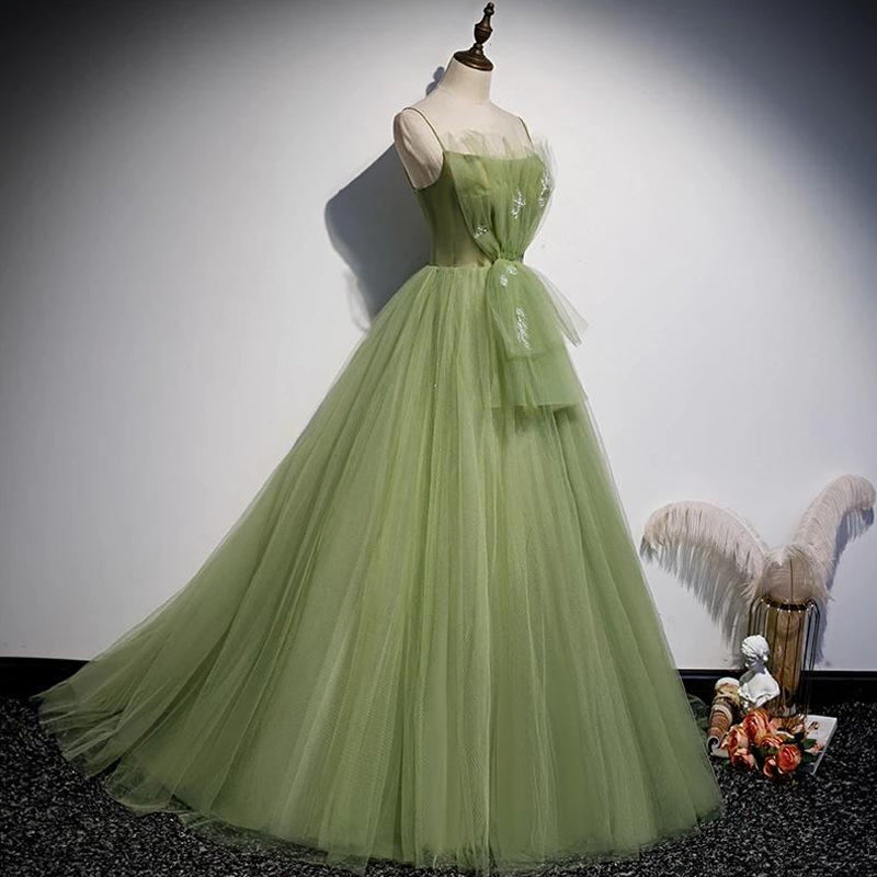 Sage Olive Green Spaghetti Strap Tulle Dream A-line Long Prom Dress, PD3116