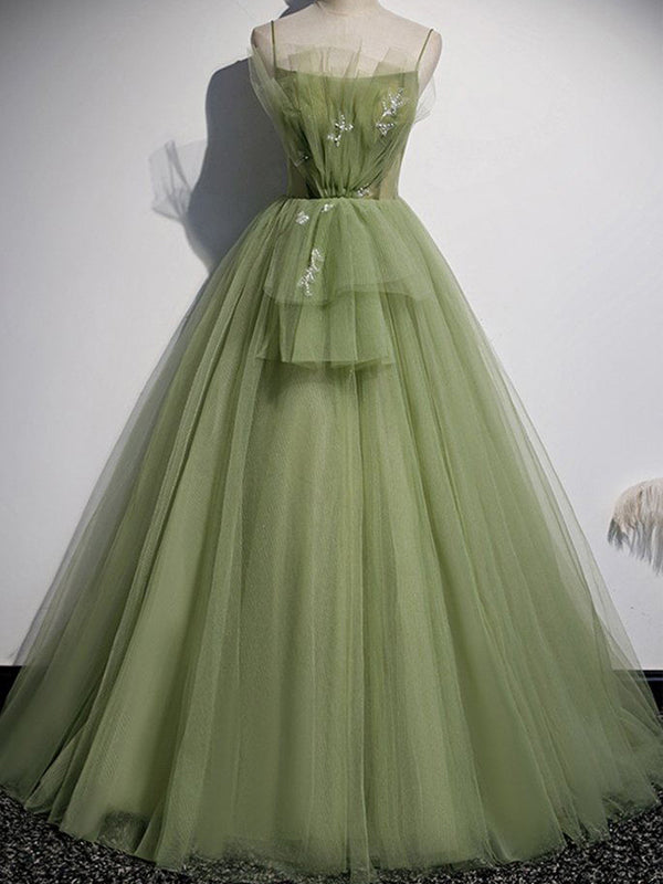Spaghetti Long A-line Emerald Green Tulle Prom Dresses, Long Prom Dresses, Affordable Prom Dresses Spaghetti Long A-line Emerald Green Tulle Prom Dresses, Long Prom Dresses, Affordable Prom Dresses