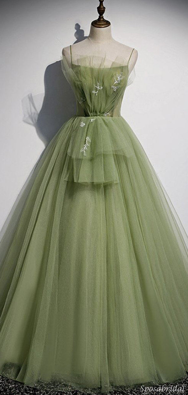 Sage Olive Green Spaghetti Strap Tulle Dream A-line Long Prom Dress, P SposaBridal Sage Olive Green Spaghetti Strap Tulle Dream A-line Long Prom Dress, P SposaBridal