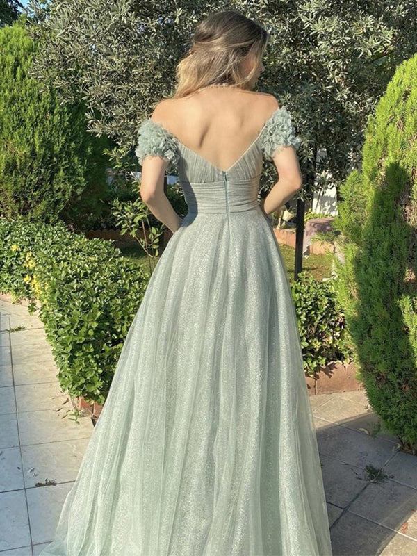 Sage Sweetheart Off-shoulder A-line Tulle Long Prom Dress, PD3389 SposaBridal Sage Sweetheart Off-shoulder A-line Tulle Long Prom Dress, PD3389 SposaBridal
