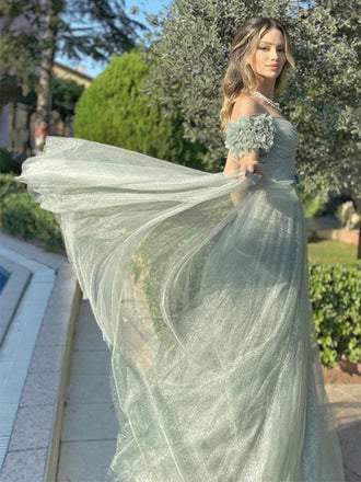 Sage Sweetheart Off-shoulder A-line Tulle Long Prom Dress, PD3389