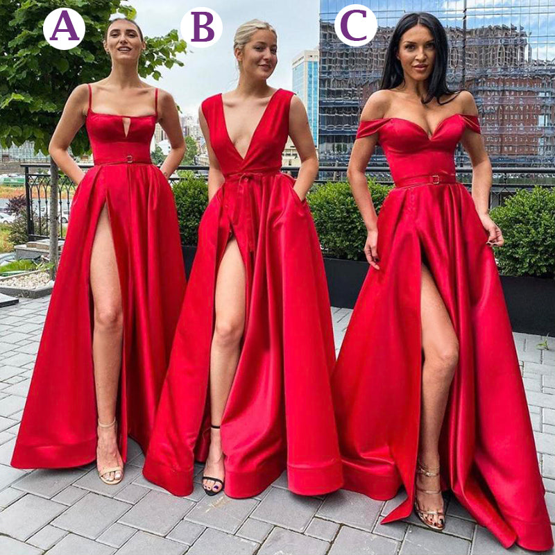 Shop simple strapless red satin a-line prom dress with side slit from