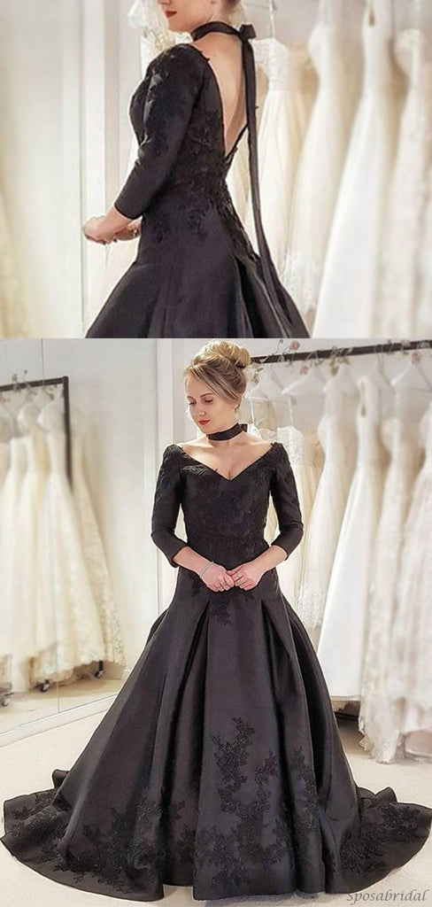 Sexy Black Gothic V-neck Open Back Low-waist A-line Lace Long Prom Dress, PD3289