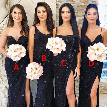 Sexy Black Mismatched Beads Lace Side-slit Mermaid Floor-length Bridesmaid Dresses, BD3175