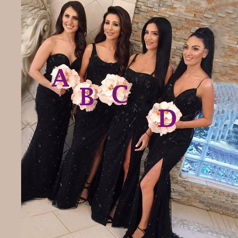 Sexy Black Mismatched Beads Lace Side-slit Mermaid Floor-length Bridesmaid Dresses, BD3175