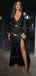 Sexy Black Sequin V-neck Long Sleeves Side-slit Mermaid Long Prom Dress, PD3550