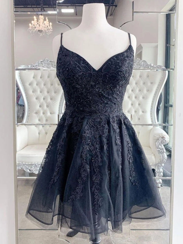 Sexy Black Spaghetti-strap A-line Lace Mini Homecoming Dress, HD3041 SposaBridal Sexy Black Spaghetti-strap A-line Lace Mini Homecoming Dress, HD3041 SposaBridal