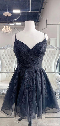 Black Applique Spaghetti Strap V-neck Short Prom Party Dress