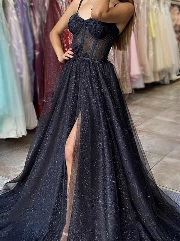 Sexy Black Spaghetti Straps Lace Top A-line Side-slit Sparkly Long Pro SposaBridal Sexy Black Spaghetti Straps Lace Top A-line Side-slit Sparkly Long Pro SposaBridal