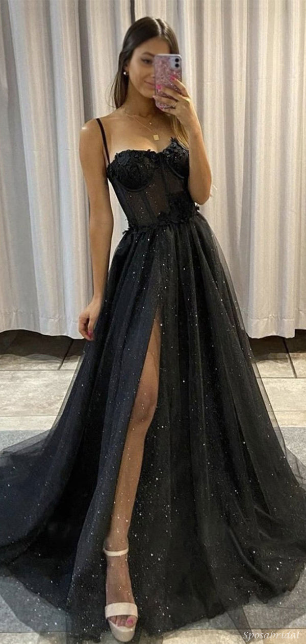 Sexy Black Spaghetti Straps Lace Top A-line Side-slit Sparkly Long Pro SposaBridal Sexy Black Spaghetti Straps Lace Top A-line Side-slit Sparkly Long Pro SposaBridal