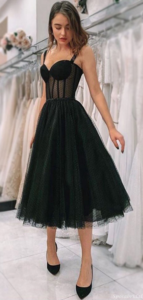 Sexy Black Spaghetti Strap Sweetheart A-line Tulle Tea-length Midi Hom SposaBridal Sexy Black Spaghetti Strap Sweetheart A-line Tulle Tea-length Midi Hom SposaBridal