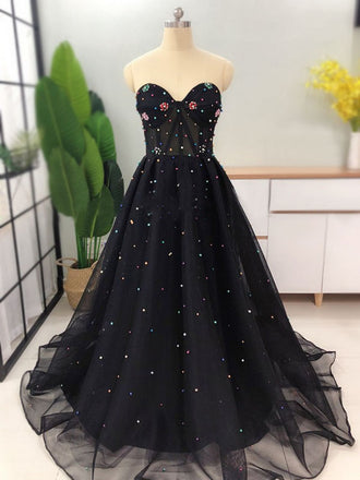 Sexy Black Strapless Colorful Pearl A-line Long Prom Dresses, PD3460