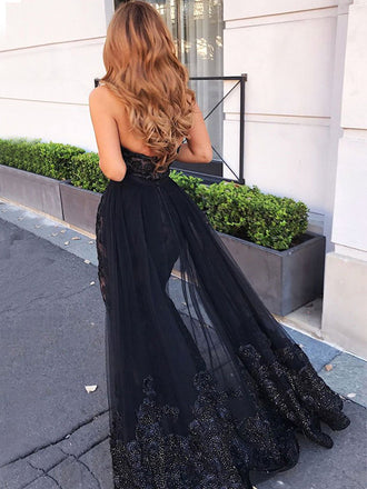Sexy Black Sweetheart Strapless Sparkling Side-slit Mermaid With Tulle Long Prom Dress, PD3263