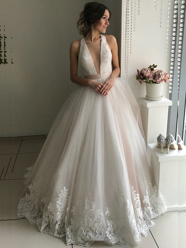 Sexy Blush Pink Deep V-neck A-line Long Lace Wedding Dress, Wedding Gown, WD3053
