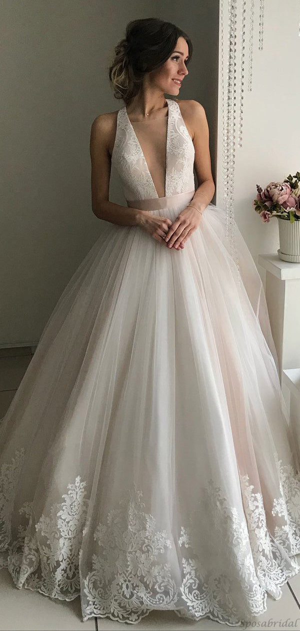 Sexy Blush Pink Deep V-neck A-line Long Lace Wedding Dress, Wedding Go SposaBridal Sexy Blush Pink Deep V-neck A-line Long Lace Wedding Dress, Wedding Go SposaBridal