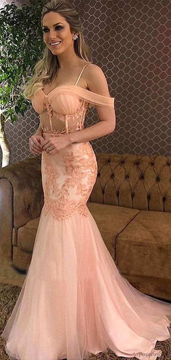 Sexy Blush Pink Off-shoulder Corset Top Mermaid Lace Long Prom Dress, – SposaBridal Sexy Blush Pink Off-shoulder Corset Top Mermaid Lace Long Prom Dress, – SposaBridal