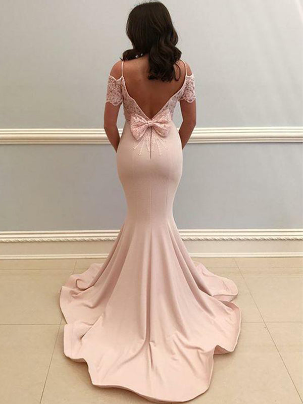 Sexy Blush Pink Off-shoulder Open Back Bow Tie Mermiad Long Prom Dress SposaBridal Sexy Blush Pink Off-shoulder Open Back Bow Tie Mermiad Long Prom Dress SposaBridal