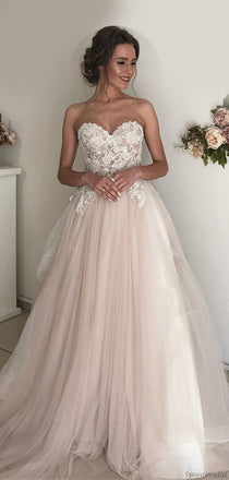 Sexy Blush Pink Sweetheart Strapless Lace Top A-line Long Wedding Dress, WD3054