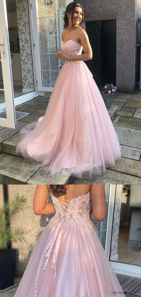 Sexy Blush Pink Sweetheart Strapless Lace Top Lace-up Back A-line Long ...