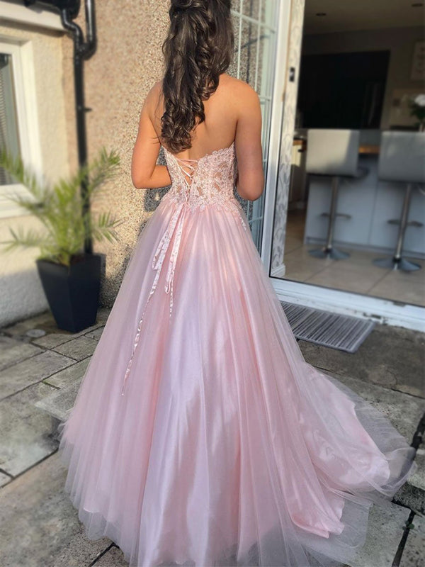 Sexy Blush Pink Sweetheart Strapless Lace Top Lace-up Back A-line Long Prom Dress, PD3299