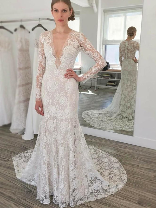 Sexy Boho Illusion Long Sleeve Lace Mermaid V-neck Long Wedding Dress, – SposaBridal Sexy Boho Illusion Long Sleeve Lace Mermaid V-neck Long Wedding Dress, – SposaBridal