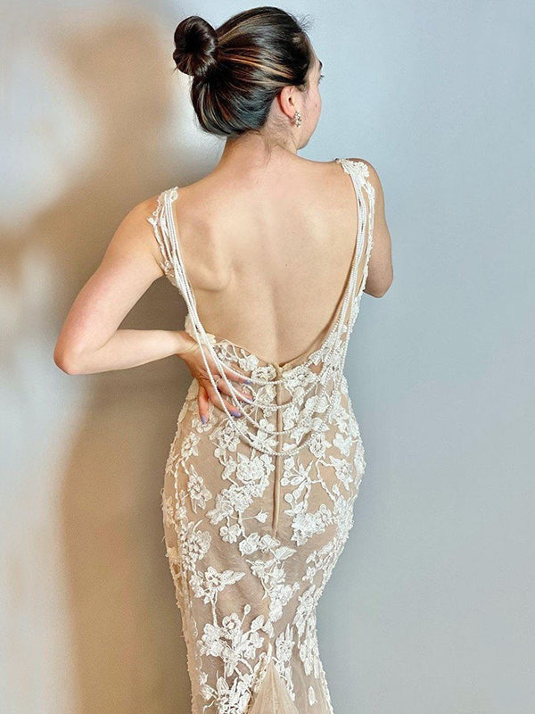Sexy Champagne White Lace V-neck Open-back Long Tail Mermaid Wedding D SposaBridal Sexy Champagne White Lace V-neck Open-back Long Tail Mermaid Wedding D SposaBridal