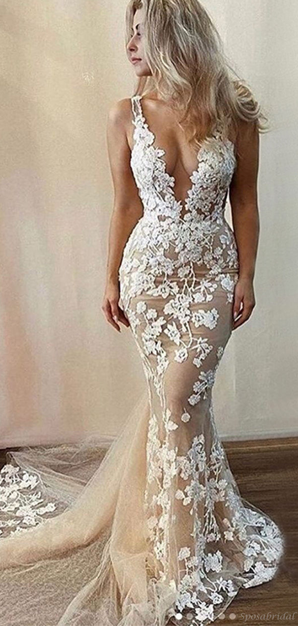 Sexy Champagne White Lace V-neck Open-back Long Tail Mermaid Wedding D SposaBridal Sexy Champagne White Lace V-neck Open-back Long Tail Mermaid Wedding D SposaBridal