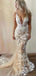 Sexy Champagne White Lace V-neck Open-back Long Tail Mermaid Wedding Dress, WD3065