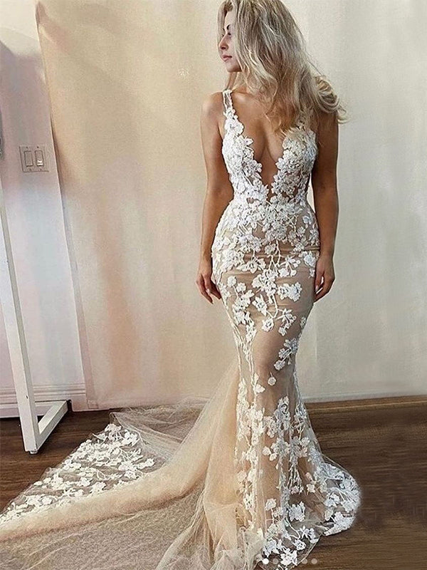 White Lace Plunge V Backless Trumpet Long Wedding Dress – Modsele