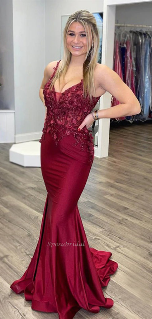 Sexy Dark Red Spaghetti Straps V-neck Lace Top Mermaid Long Prom Dress, PD3487