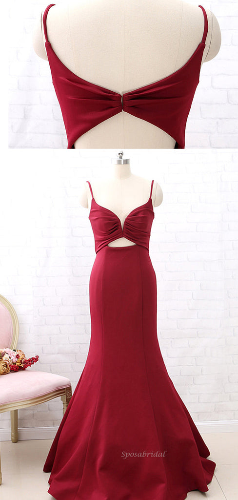 Sexy Dark Red Spaghetti Straps V-neck Mermaid Open Back Long Bridesmaid Dress, BD3254