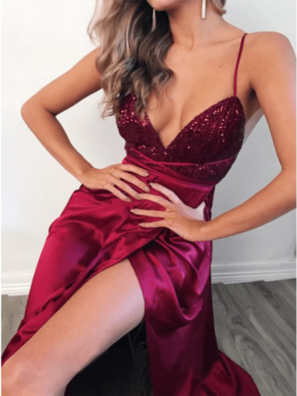 Sexy Dark Red Spaghetti Strap V-neck Sequin Top Side-slit A-line Long Prom Dress, PD3272