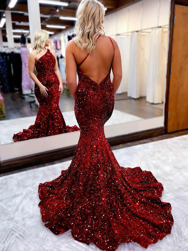 Sexy Dark Red Sparkly Open Back One-shoulder Mermaid Long Prom Dresses SposaBridal Sexy Dark Red Sparkly Open Back One-shoulder Mermaid Long Prom Dresses SposaBridal