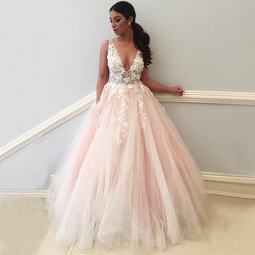 Sexy Deep V-neck Lace Top Open Back A-line Blush Pink Tulle Prom Dress, PD3279