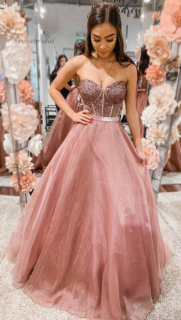 Dusty Rose Vintage Lace Applique Strapless Long Prom Dresses Evening Dresses,  M332 – Simidress