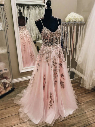 Sexy Elegant Blush Pink Floral Spaghetti Strap A-line Long Prom Dress, PD3188