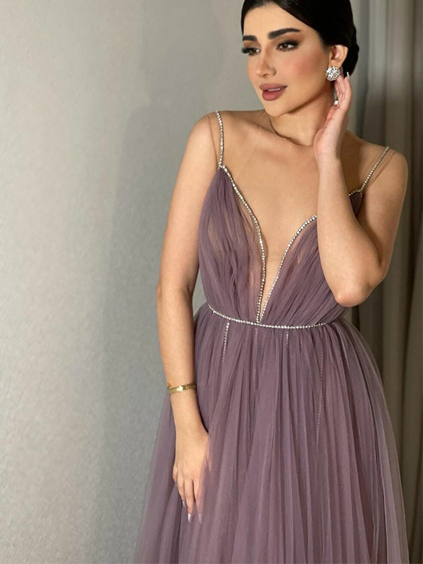 Sexy Elegant Dusty Purple V-neck Illusion A-line Long Prom Dress, PD3493
