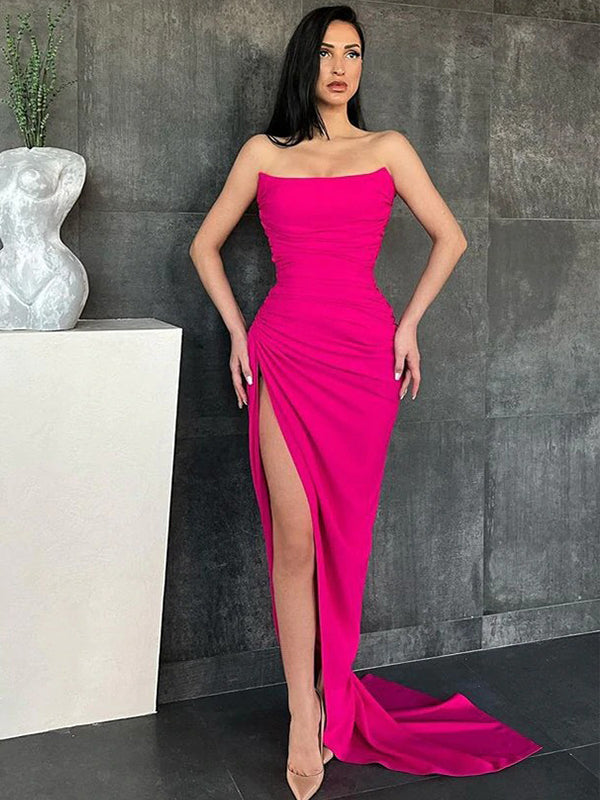 Sexy Elegant Pleats Strapless Side-slit Mermaid With Tail Long Prom Dress, PD3523