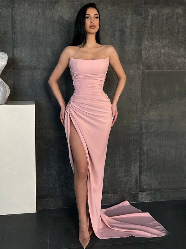Sexy Elegant Pleats Strapless Side-slit Mermaid With Tail Long Prom Dr –  SposaBridal