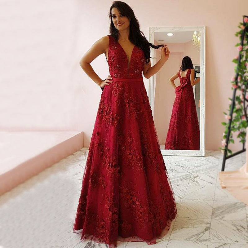 A-Line Off-the-Shoulder Dark Red Chiffon Prom Dresses with Flower, TYP –  Oktypes