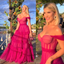 Sexy Fuschia Off-shoulder Sweetheart Ruffle Tulle A-line Long Prom Dress, PD3318