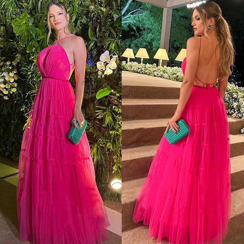 Sexy Fushcia Halter Open Back Sleeveless A-line Tulle Long Prom Dress, PD3364
