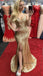 Sexy Gold Halter V-neck Side-slit Open Back Mermaid Long Prom Dress, PD3401