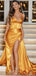 Sexy Gold Spaghetti Strap Sweetheart Corset Top Mermaid Side-slit Long Prom Dress, PD3226